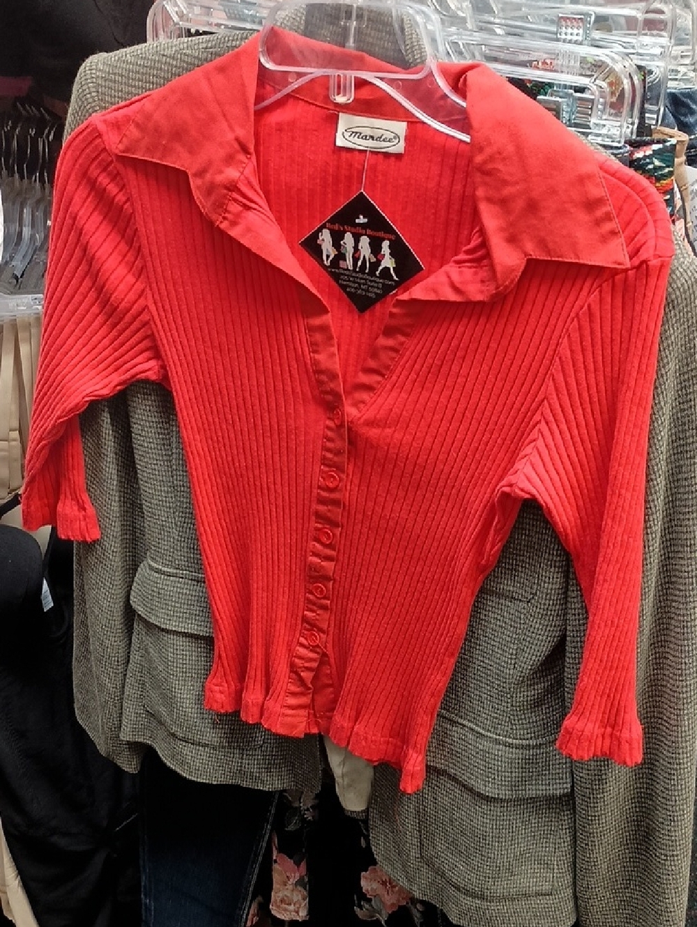 mandee Bright Red Ribbed Button-Front Top